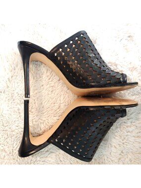 Nine West Women's Black Lazer Cut Mariapia Leather Stiletto Peep Toe Sandal Mule